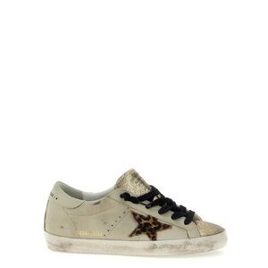 Golden Goose Beige Leather Sneakers with Leopard Star and Gold Glitter Accents